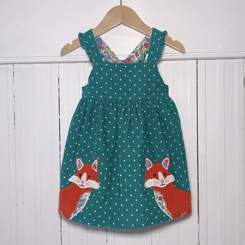 MINI BODEN EUC Corduroy Polka Dot Appliqué Fox Pinnie